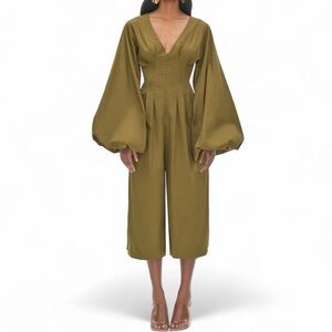Andrea Iyamah Jumpsuit Cotton Poplin Small Olive‎ Green Bubble Hem Sleeves Fall